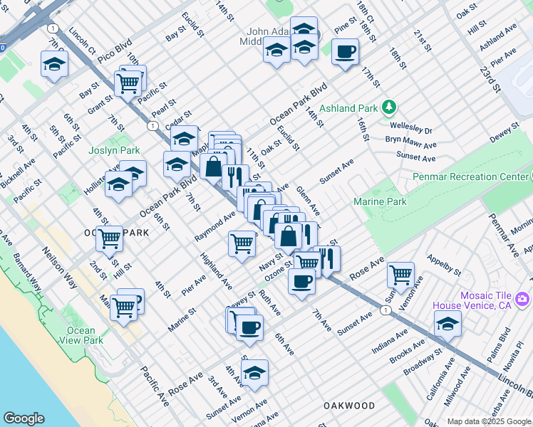 map of restaurants, bars, coffee shops, grocery stores, and more near 810 Ashland Avenue in Santa Monica
