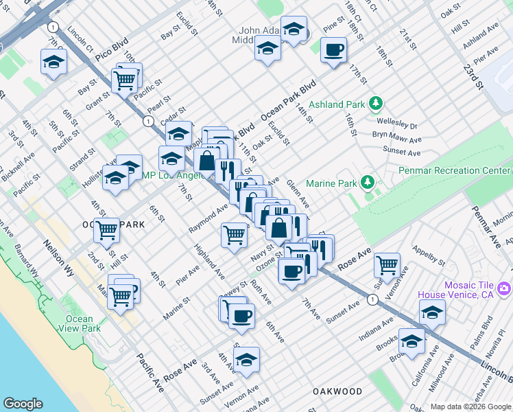 map of restaurants, bars, coffee shops, grocery stores, and more near 810 Ashland Avenue in Santa Monica