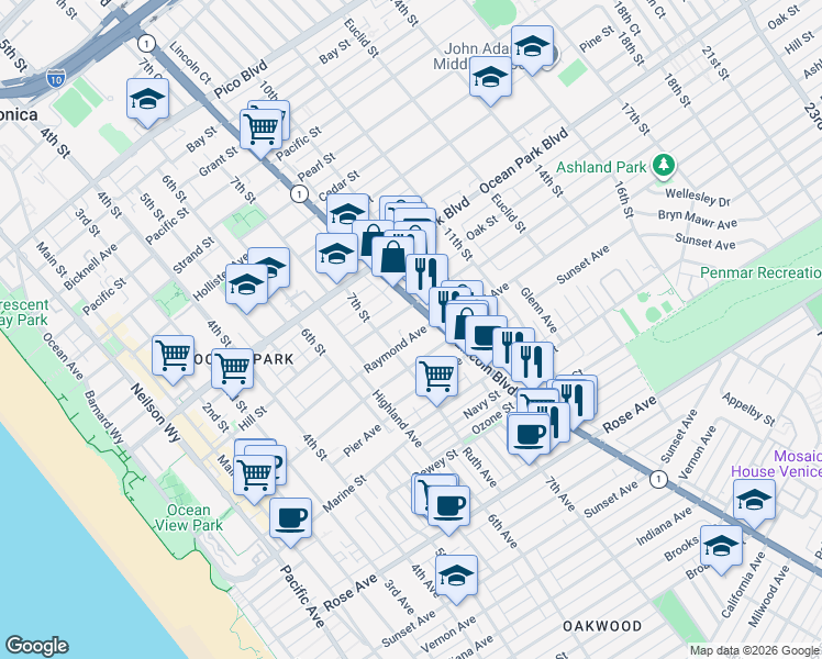 map of restaurants, bars, coffee shops, grocery stores, and more near 745 Raymond Avenue in Santa Monica