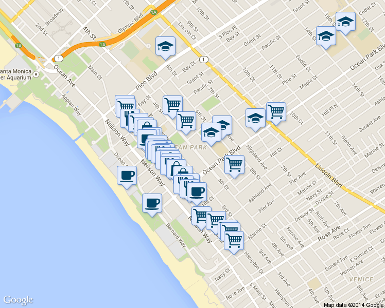 map of restaurants, bars, coffee shops, grocery stores, and more near 2411 3rd Street in Santa Monica