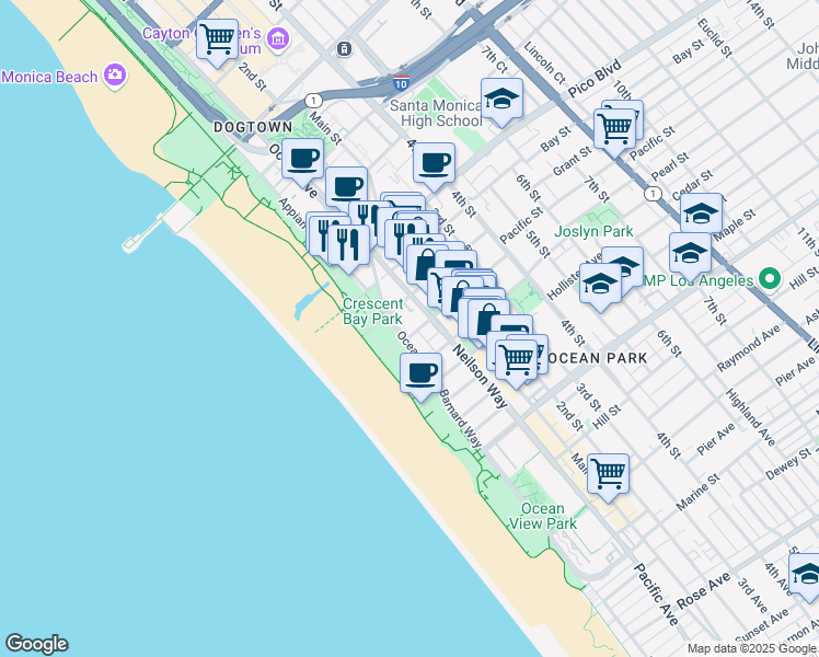 map of restaurants, bars, coffee shops, grocery stores, and more near 2100 Ocean Avenue in Santa Monica