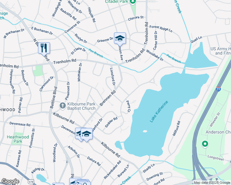 map of restaurants, bars, coffee shops, grocery stores, and more near 4514 Nandina Drive in Columbia