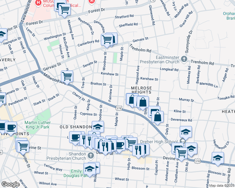 map of restaurants, bars, coffee shops, grocery stores, and more near 1205 Maple Street in Columbia