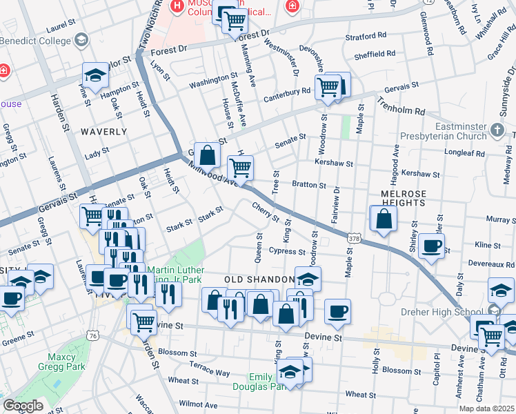 map of restaurants, bars, coffee shops, grocery stores, and more near 2549 Cherry Street in Columbia