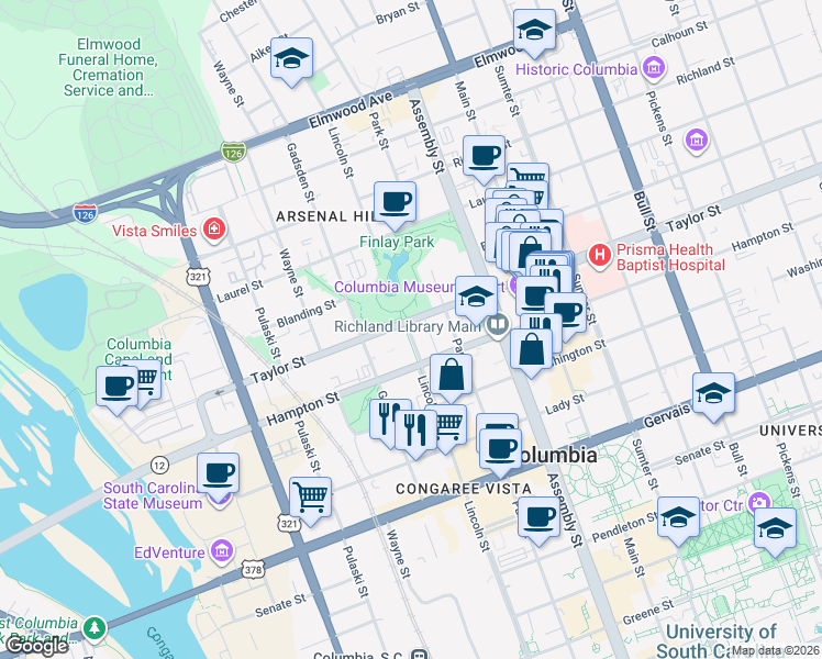 map of restaurants, bars, coffee shops, grocery stores, and more near 900 Taylor Street in Columbia