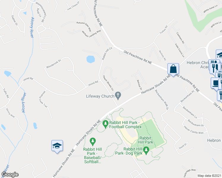 map of restaurants, bars, coffee shops, grocery stores, and more near 1926 Peach Shoals Circle in Dacula