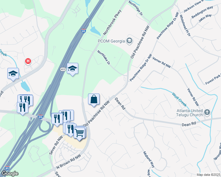 map of restaurants, bars, coffee shops, grocery stores, and more near 801 Old Peachtree Road Northwest in Lawrenceville