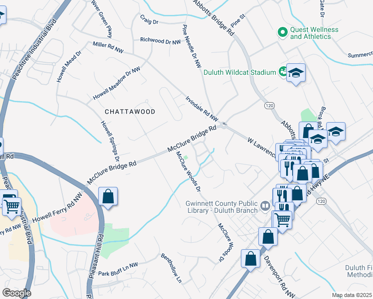 map of restaurants, bars, coffee shops, grocery stores, and more near 3294 McClure Bridge Road in Duluth