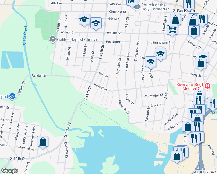 map of restaurants, bars, coffee shops, grocery stores, and more near 631 Reynolds Street in Gadsden