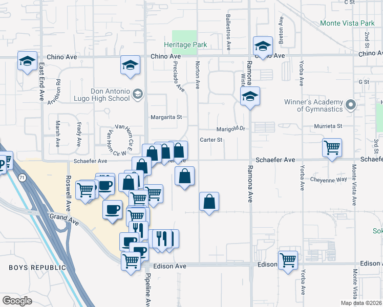 map of restaurants, bars, coffee shops, grocery stores, and more near 13670 Norton Avenue in Chino