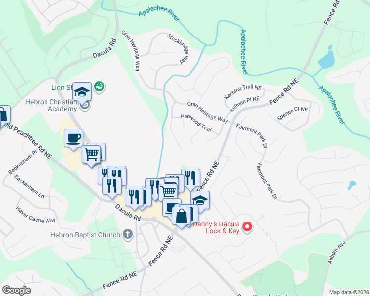 map of restaurants, bars, coffee shops, grocery stores, and more near 515 Chadmon Court Trace in Dacula