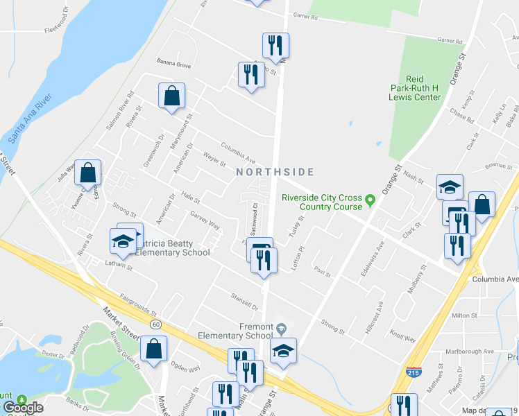 map of restaurants, bars, coffee shops, grocery stores, and more near 1400 Satinwood Court in Riverside
