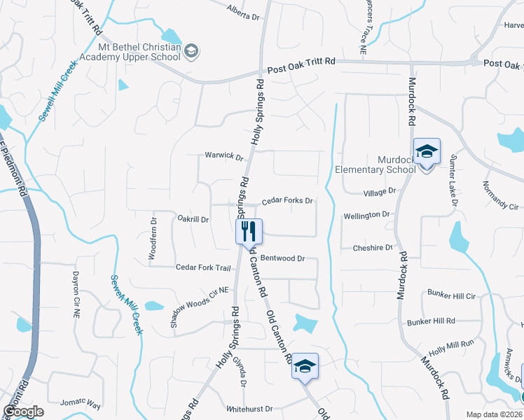 map of restaurants, bars, coffee shops, grocery stores, and more near 2250 Cedar Forks Drive in Marietta
