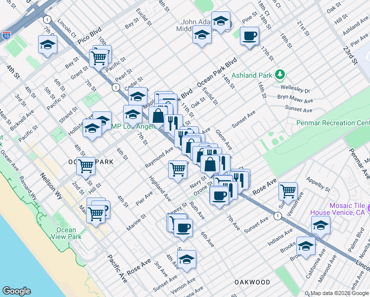 map of restaurants, bars, coffee shops, grocery stores, and more near 810 Ashland Avenue in Santa Monica
