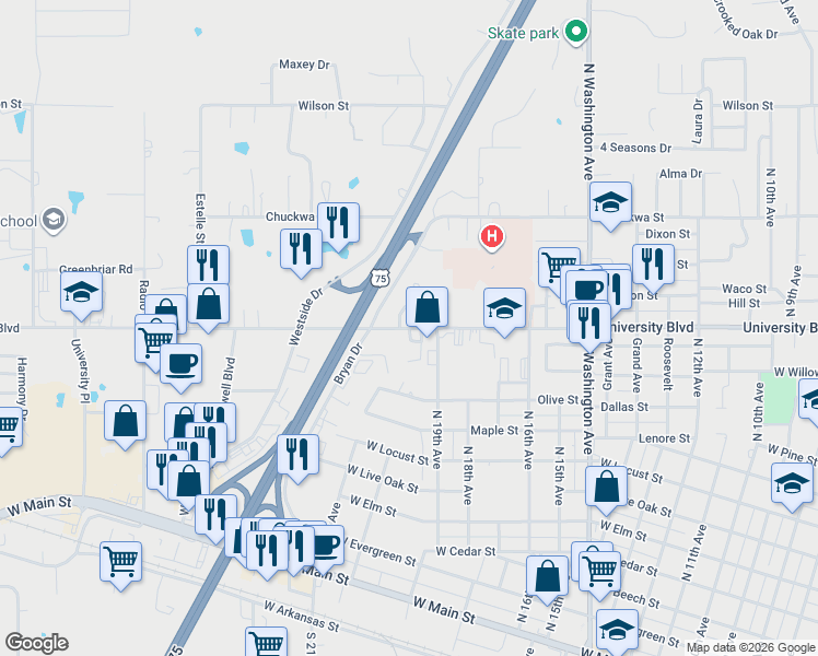 map of restaurants, bars, coffee shops, grocery stores, and more near 1960 University Boulevard in Durant