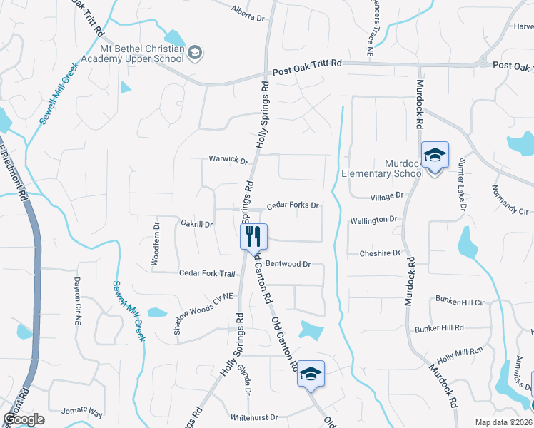 map of restaurants, bars, coffee shops, grocery stores, and more near 2250 Cedar Forks Drive in Marietta