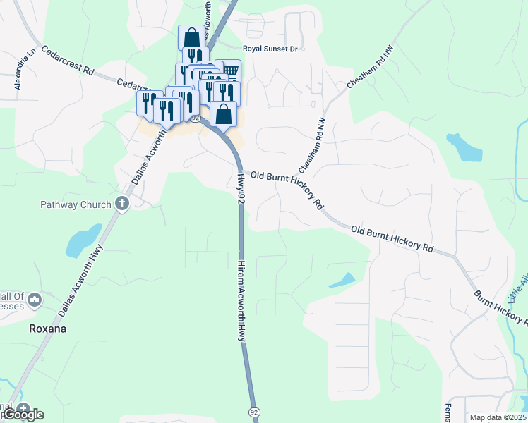 map of restaurants, bars, coffee shops, grocery stores, and more near 79 Summerfield Court in Acworth