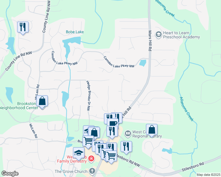map of restaurants, bars, coffee shops, grocery stores, and more near 2048 Haydenbrook Drive Northwest in Acworth