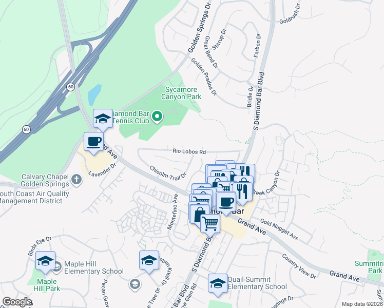 map of restaurants, bars, coffee shops, grocery stores, and more near 23042 Rio Lobos Road in Diamond Bar