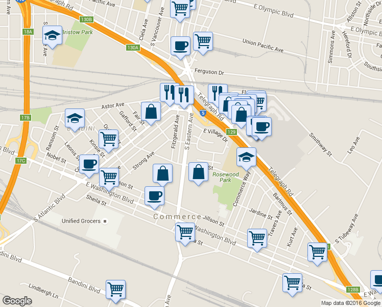 map of restaurants, bars, coffee shops, grocery stores, and more near 5514 Plaza Street in Commerce