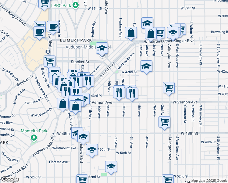map of restaurants, bars, coffee shops, grocery stores, and more near 4319 8th Avenue in Los Angeles