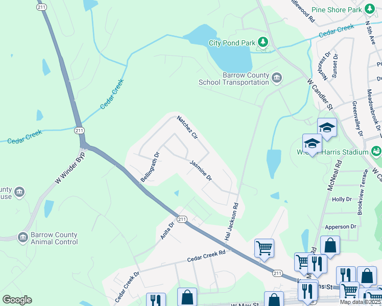 map of restaurants, bars, coffee shops, grocery stores, and more near 188 Bellingrath Drive in Winder