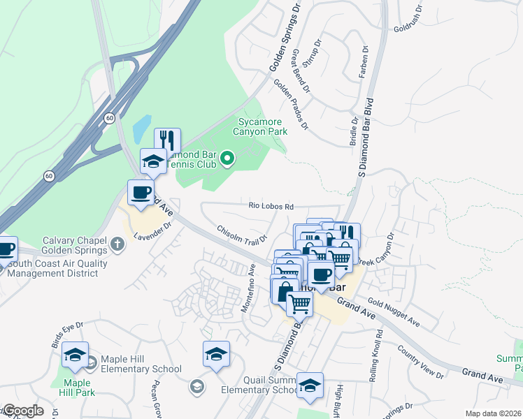 map of restaurants, bars, coffee shops, grocery stores, and more near 22918 Rio Lobos Road in Diamond Bar