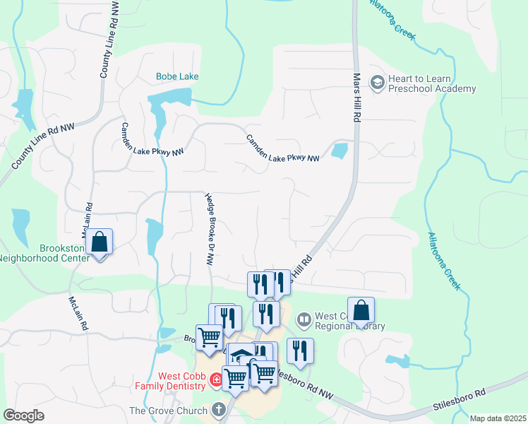 map of restaurants, bars, coffee shops, grocery stores, and more near 2048 Haydenbrook Drive Northwest in Acworth