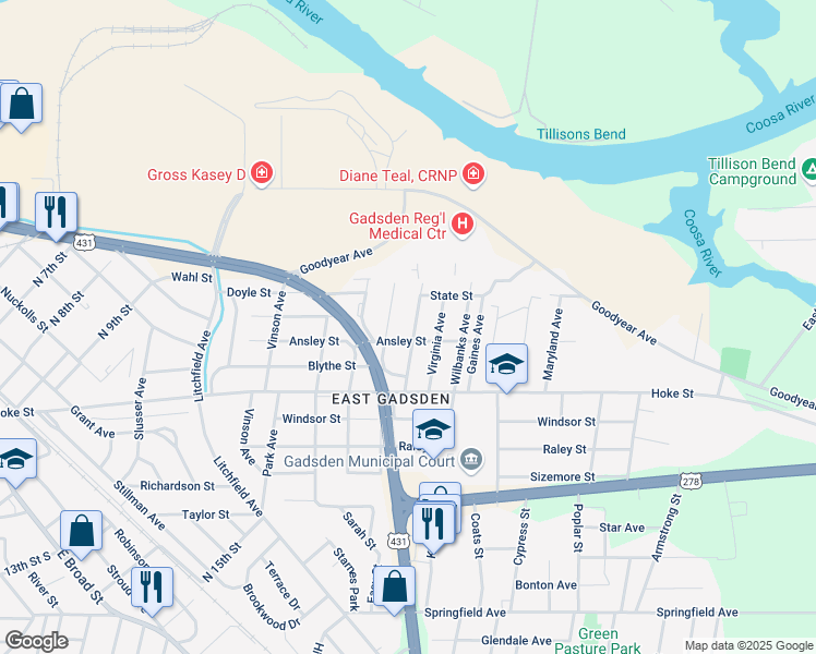 map of restaurants, bars, coffee shops, grocery stores, and more near 923 Martin Ave in Gadsden