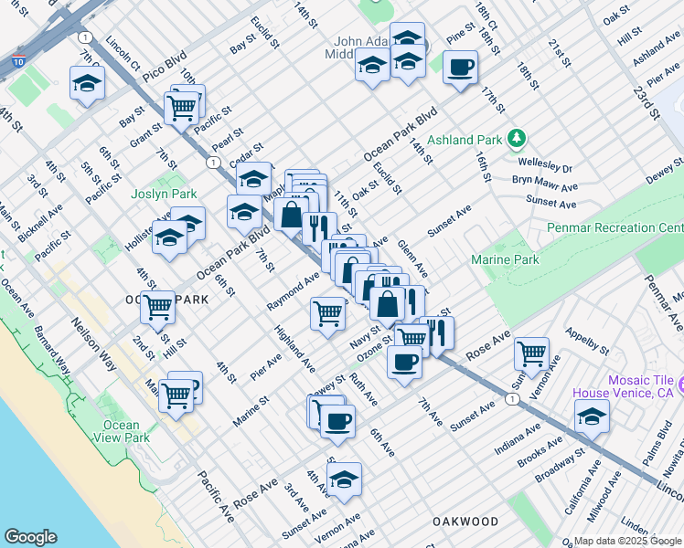 map of restaurants, bars, coffee shops, grocery stores, and more near 2903 Lincoln Boulevard in Santa Monica