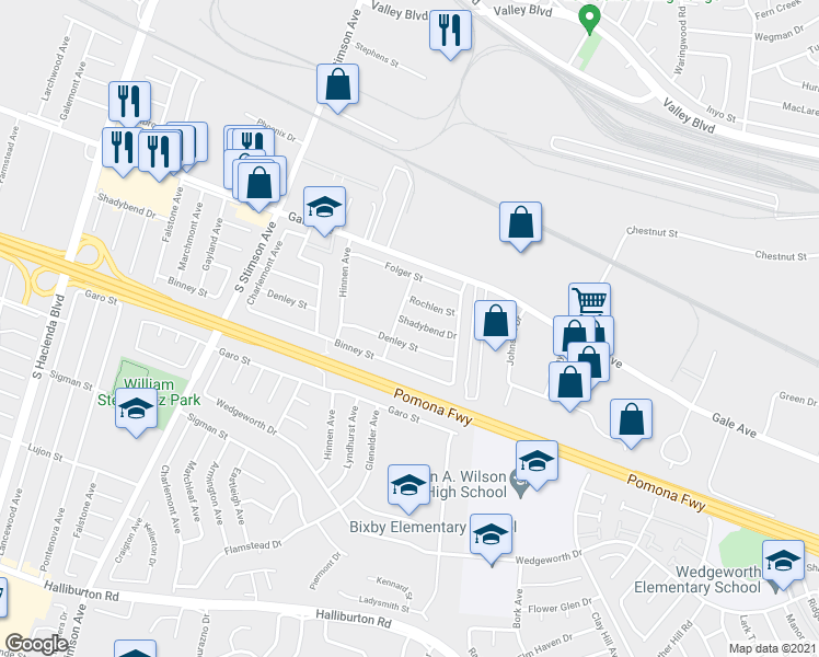 map of restaurants, bars, coffee shops, grocery stores, and more near 16314 Shadybend Drive in Hacienda Heights
