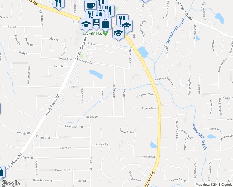 map of restaurants, bars, coffee shops, grocery stores, and more near 2180 Spalding Drive in Marietta
