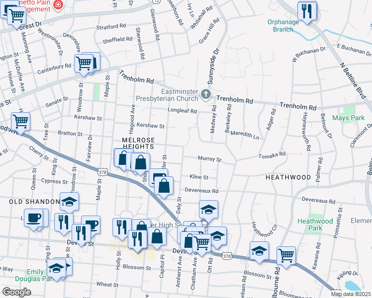 map of restaurants, bars, coffee shops, grocery stores, and more near 1312 Daly Street in Columbia