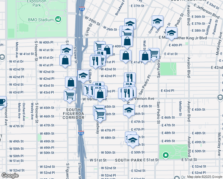 map of restaurants, bars, coffee shops, grocery stores, and more near 203 West 43rd Place in Los Angeles