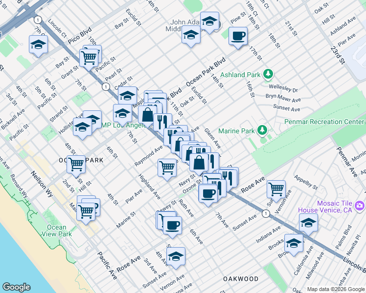 map of restaurants, bars, coffee shops, grocery stores, and more near 810 Ashland Avenue in Santa Monica