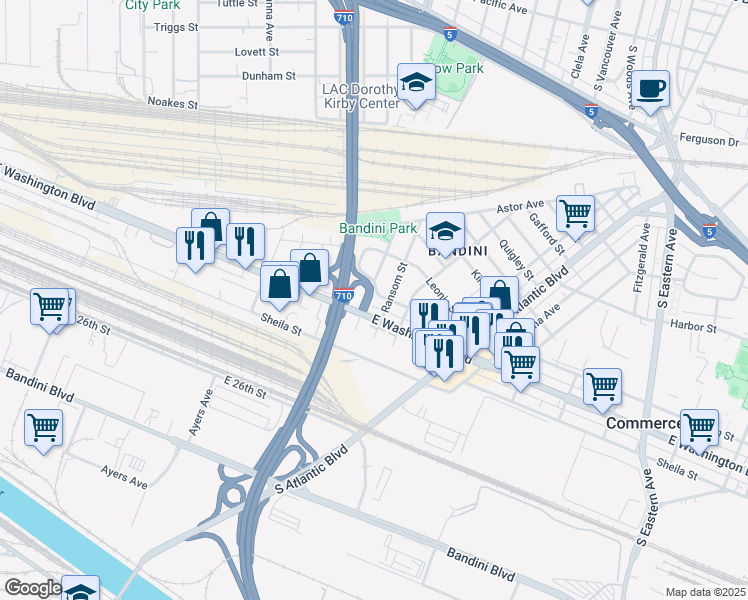 map of restaurants, bars, coffee shops, grocery stores, and more near 4804 Nobel Street in Commerce