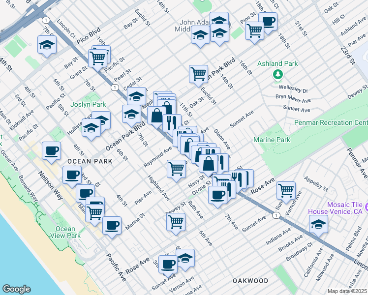 map of restaurants, bars, coffee shops, grocery stores, and more near 2903 Lincoln Boulevard in Santa Monica