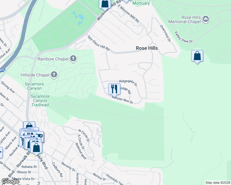 map of restaurants, bars, coffee shops, grocery stores, and more near 4702 Canyon Rim Drive in Whittier