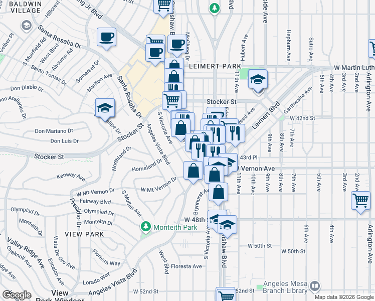 map of restaurants, bars, coffee shops, grocery stores, and more near 4309 Crenshaw Boulevard in Los Angeles