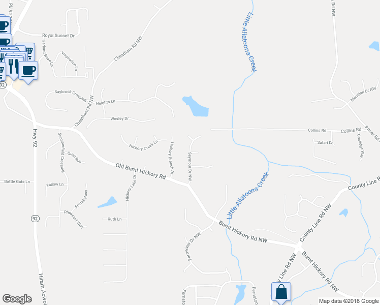 map of restaurants, bars, coffee shops, grocery stores, and more near 1962 Seymour Drive Northwest in Acworth