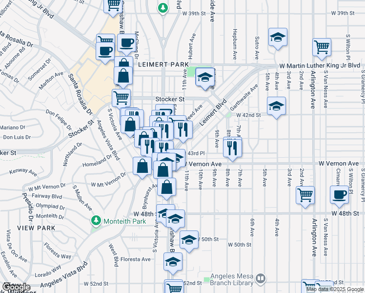map of restaurants, bars, coffee shops, grocery stores, and more near 4350 11th Avenue in Los Angeles