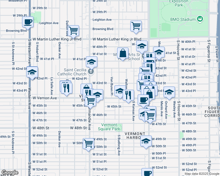 map of restaurants, bars, coffee shops, grocery stores, and more near 4317 Van Buren Place in Los Angeles