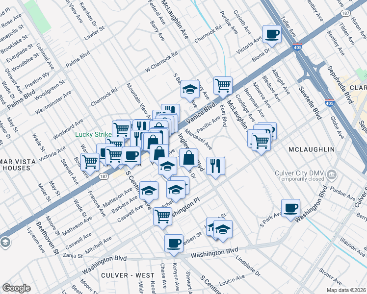 map of restaurants, bars, coffee shops, grocery stores, and more near 3845 Inglewood Boulevard in Los Angeles