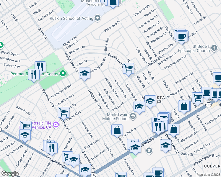 map of restaurants, bars, coffee shops, grocery stores, and more near 3489 Maplewood Avenue in Los Angeles