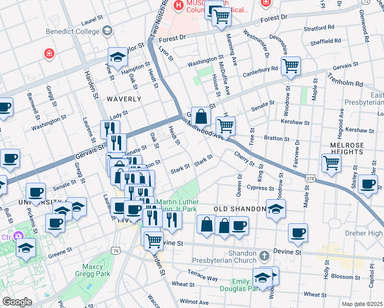 map of restaurants, bars, coffee shops, grocery stores, and more near 988 Heidt Street in Columbia