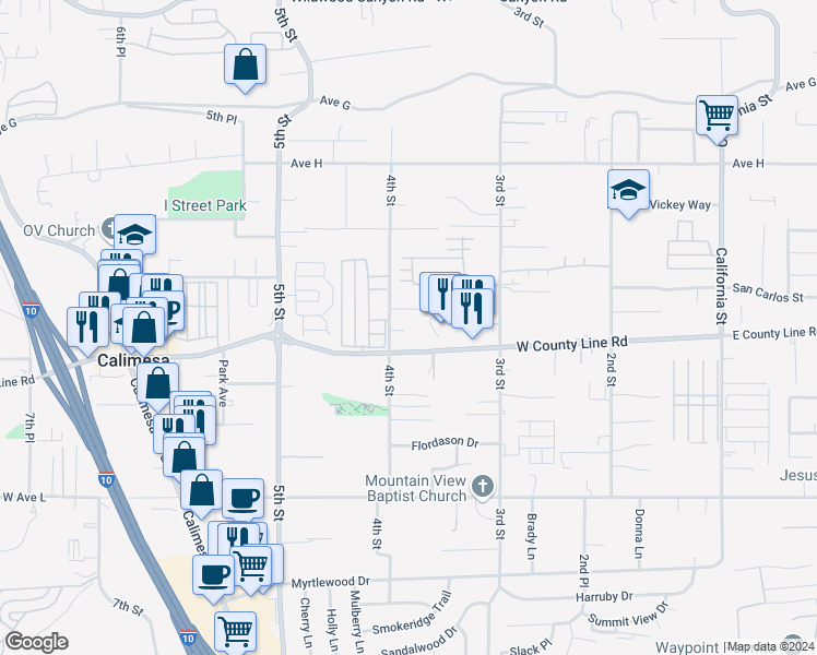 map of restaurants, bars, coffee shops, grocery stores, and more near 13697 4th Street in Yucaipa