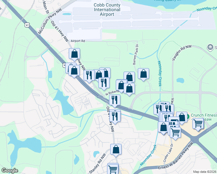 map of restaurants, bars, coffee shops, grocery stores, and more near 1650 North Roberts Road in Kennesaw