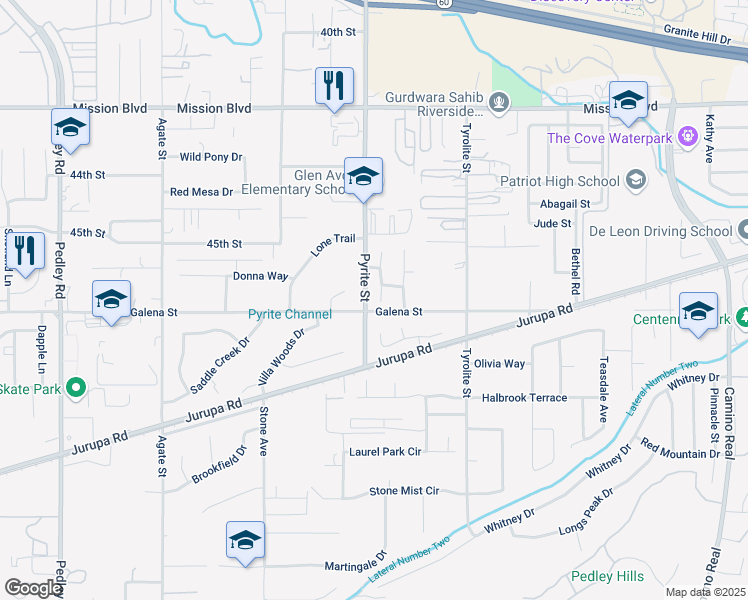 map of restaurants, bars, coffee shops, grocery stores, and more near 4587 Alondro Drive in Riverside