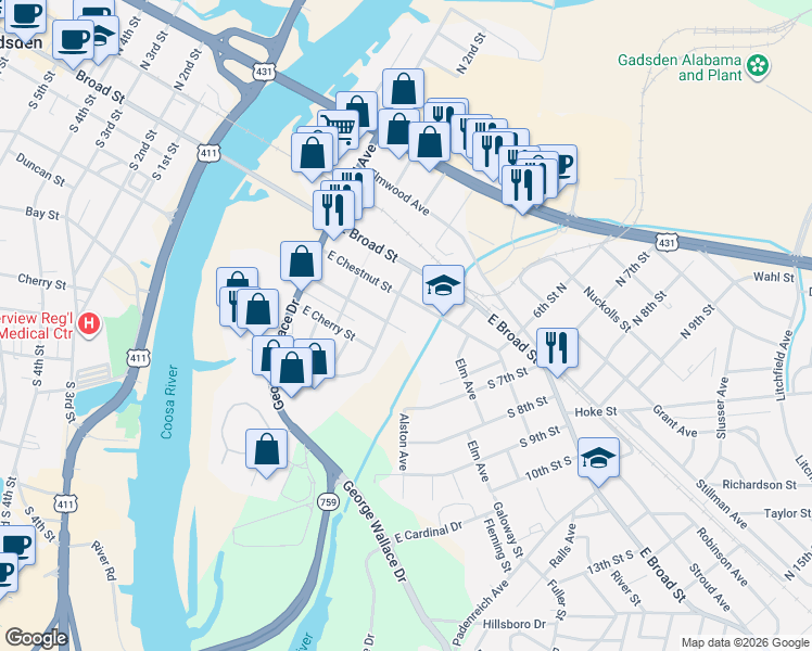 map of restaurants, bars, coffee shops, grocery stores, and more near 316 East Walnut Street in Gadsden