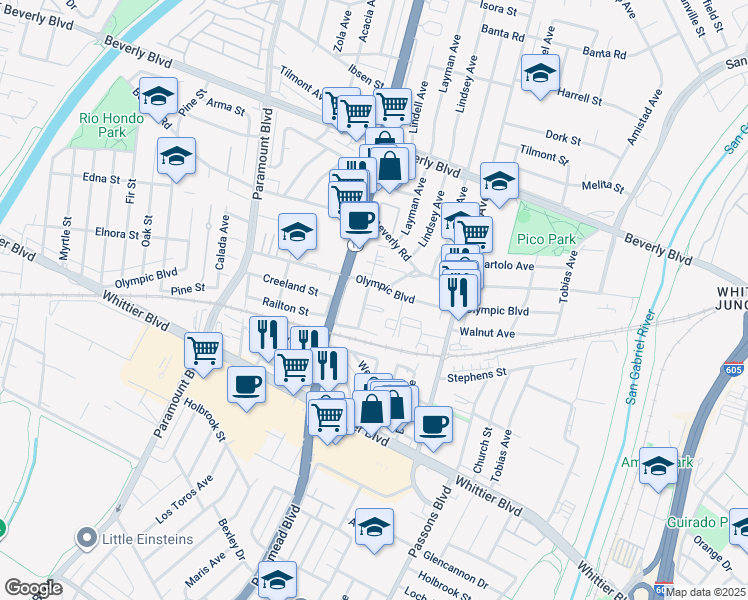 map of restaurants, bars, coffee shops, grocery stores, and more near 4716 Walnut Avenue in Pico Rivera
